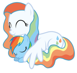 Size: 5000x4711 | Tagged: safe, artist:jennieoo, rainbow dash, oc, oc:prism rain, g4, absurd resolution, female, filly, filly rainbow dash, mother and child, mother and daughter, show accurate, simple background, sleeping, transparent background, younger