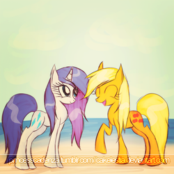 Size: 1000x1000 | Tagged: safe, artist:princesscadenza, applejack, rarity, g4, loose hair, wet, wet mane, wet mane rarity