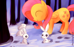 Size: 1920x1210 | Tagged: safe, artist:chimicherrychonga, angel bunny, fluttershy, rabbit, g4, animal, cute, shyabetes, snow