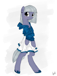 Size: 2448x3264 | Tagged: safe, artist:marisalle, limestone pie, earth pony, pony, semi-anthro, g4, bipedal, blushing, clothes, cute, ear piercing, earring, female, high res, hoodie, jewelry, limabetes, piercing, shoes, skirt, skirt pull, solo