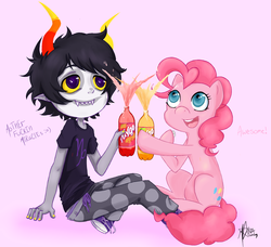 Size: 1450x1320 | Tagged: safe, artist:manaooney, pinkie pie, earth pony, pony, g4, crossover, drink, duo, face paint, faygo, female, gamzee makara, homestuck, male, mare, pink background, simple background, troll (homestuck)