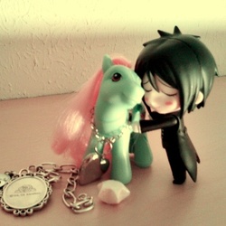 Size: 400x400 | Tagged: dead source, safe, artist:kamkam2828, earth pony, human, pony, g3, black butler, dead tree, duo, eyes closed, female, hugging a pony, irl, jewelry, male, mare, mcdonald's happy meal toys, necklace, nendoroid, paper star, peppermint, photo, sebastian michaelis, toy, tree