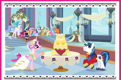 Size: 732x486 | Tagged: safe, applejack, fluttershy, pinkie pie, princess cadance, princess celestia, rainbow dash, rarity, shining armor, spike, twilight sparkle, alicorn, dragon, pony, unicorn, g4, cake, female, game, male, mane six, mare, stallion, unicorn twilight, wedding cake creator