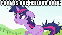 Size: 625x351 | Tagged: safe, edit, edited screencap, screencap, twilight sparkle, pony, unicorn, g4, caption, drugs, female, image macro, implied porn, mare, solo, text, tree