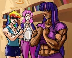 Size: 858x698 | Tagged: safe, artist:first-second, pinkie pie, rainbow dash, twilight sparkle, human, g4, dark skin, humanized, muscles, rainbuff dash, twilight muscle, vein