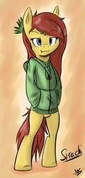 Size: 600x1250 | Tagged: safe, artist:microgrid, oc, oc only, oc:sirachi, pony, bipedal, bottomless, clothes, hoodie, partial nudity, solo