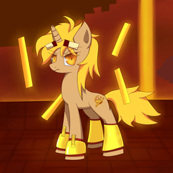 Size: 800x800 | Tagged: safe, artist:muffinsforever, pony, unicorn, blaze (minecraft), female, looking at you, mare, minecraft, nether (minecraft), ponified, solo, yellow eyes