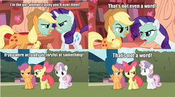 Size: 680x377 | Tagged: safe, apple bloom, applejack, rarity, scootaloo, sweetie belle, g4, comic, mud mask