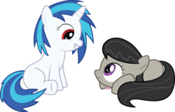 Size: 900x577 | Tagged: safe, dj pon-3, octavia melody, vinyl scratch, earth pony, pony, unicorn, g4, blank flank, bowtie, eye contact, female, filly, foal, frown, grin, hooves, horn, lying down, prone, simple background, sitting, smiling, squee, teeth, transparent background, vector, younger