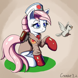 Size: 1066x1066 | Tagged: safe, artist:crombiettw, nurse redheart, bird, pony, g4, archimedes, clothes, colored pupils, crossover, female, lidded eyes, medic, medic (tf2), sitting, solo, team fortress 2