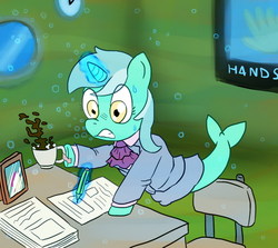 Size: 700x623 | Tagged: safe, artist:fadri, lyra heartstrings, merpony, pony, unicorn, g4, bubble, chair, clothes, coffee, female, fish tail, framed picture, glowing, glowing horn, horn, magic, mare, nervous, ocean, paper, pencil, seapony lyra, solo, tail, teeth, underwater, water, window, writing