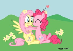 Size: 1330x920 | Tagged: safe, artist:walliscolours, fluttershy, pinkie pie, g4, eyes closed, female, flower, heart, kissing, lesbian, ship:flutterpie, shipping, wingboner