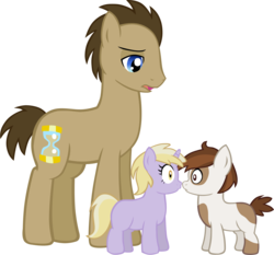 Size: 1550x1443 | Tagged: safe, artist:ludiculouspegasus, dinky hooves, doctor whooves, pipsqueak, time turner, earth pony, pony, unicorn, g4, colt, father and child, father and daughter, female, filly, imminent kissing, male, protecting, ship:dinkysqueak, simple background, stallion, transparent background