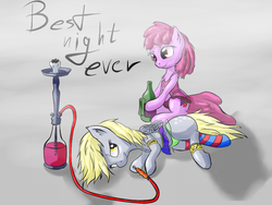 Size: 1024x768 | Tagged: safe, artist:snus-kun, berry punch, berryshine, derpy hooves, pegasus, pony, g4, alcohol, clothes, female, hookah, mare