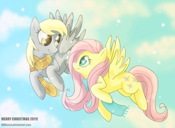 Size: 2338x1700 | Tagged: safe, artist:mbboxen, derpy hooves, fluttershy, pegasus, pony, g4, clothes, derpyshy, female, lesbian, mare, scarf, shipping