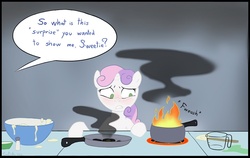 Size: 903x569 | Tagged: dead source, safe, artist:dreigun, rarity, sweetie belle, g4, blushing, bread, breakfast, breakfast is ruined, cooking, food, lethal chef, sweetie belle can't cook, sweetie fail, toast