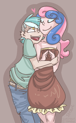 Size: 495x800 | Tagged: safe, artist:steeve, bon bon, lyra heartstrings, sweetie drops, human, g4, female, heart, hug, humanized, lesbian, ship:lyrabon, shipping