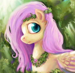 Size: 464x449 | Tagged: safe, artist:corpsecrow, fluttershy, pegasus, pony, g4, bust, colored pupils, female, floral head wreath, flower, hippie, profile, solo, wreath