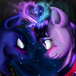 Size: 3508x3508 | Tagged: safe, artist:noideasfornicknames, princess luna, twilight sparkle, g4, blushing, female, high res, horn, horns are touching, lesbian, ship:twiluna, shipping