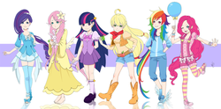 Size: 1280x633 | Tagged: safe, artist:lilacinum, applejack, fluttershy, pinkie pie, rainbow dash, rarity, twilight sparkle, human, g4, clothes, converse, dress, humanized, mane six, shoes, skirt, sneakers