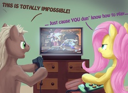 Size: 1500x1093 | Tagged: safe, artist:themotaro, fluttershy, oc, pegasus, pony, g4, arcade stick, controller, female, flutterbitch, gamershy, gaming, mare, soul calibur, video game