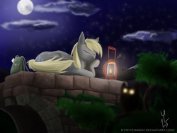 Size: 2000x1500 | Tagged: safe, artist:zikkrat, derpy hooves, pegasus, pony, g4, bag, female, lantern, mare, moon, night