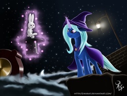 Size: 1600x1200 | Tagged: safe, artist:zikkrat, angel bunny, trixie, rabbit, g4, bunny out of the hat, glowing horn, hat, horn, magic, magic trick, telekinesis, top hat, trixie's cape, trixie's hat