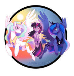 Size: 600x616 | Tagged: dead source, safe, artist:sambragg, princess celestia, princess luna, twilight sparkle, g4