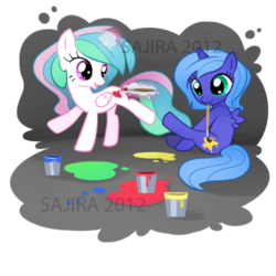 Size: 400x400 | Tagged: safe, artist:sambragg, princess celestia, princess luna, alicorn, pony, g4, female, filly, painting, sisters, woona, younger