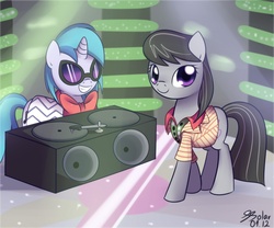 Size: 1200x1000 | Tagged: safe, artist:solar-slash, dj pon-3, octavia melody, vinyl scratch, g4, clothes, duo, grin, turntable