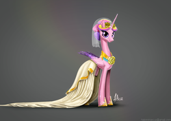 Size: 2480x1748 | Tagged: safe, artist:hakonmarcus, princess cadance, alicorn, pony, a canterlot wedding, g4, alternate hairstyle, clothes, concave belly, cute, cutedance, dress, female, flower, flower in hair, folded wings, hoof shoes, long dress, long neck, looking at you, mare, peytral, princess shoes, rose, slender, smiling, solo, thin, wedding dress, wings