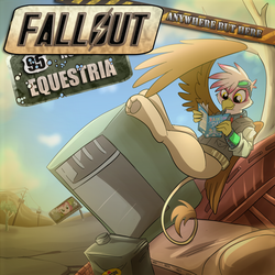 Size: 1200x1200 | Tagged: safe, artist:madmax, pinkie pie, oc, oc:paharita, earth pony, griffon, pony, fallout equestria, fallout equestria: anywhere but here, g4, billboard, comic book, cover art, fanfic, fanfic art, female, forever, goggles, looking at you, lying, magazine, mare, ministry mares, ministry of morale, oil can, paws, pinkie pie is watching you, pipbuck, poster, power line, propaganda, reading, reclining, relaxing, smiling, solo, text, tree, wasteland