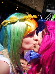 Size: 612x816 | Tagged: safe, artist:sukistar, pinkie pie, rainbow dash, human, g4, cosplay, duo focus, female, irl, irl human, kiss on the lips, kissing, lesbian, photo, ship:pinkiedash, shipping