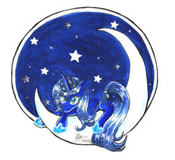 Size: 800x728 | Tagged: safe, artist:memokkeen, princess luna, pony, g4, crescent moon, female, moon, prone, solo, tangible heavenly object