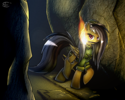 Size: 1916x1524 | Tagged: safe, artist:n1de, daring do, g4, clothes, colored pupils, duo, fire, full body, light, long mane, mouth hold, raised hoof, torch