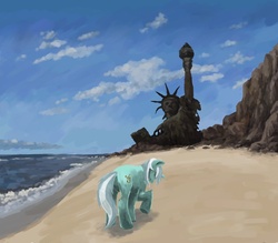 Size: 800x700 | Tagged: safe, artist:choedan-kal, lyra heartstrings, pony, unicorn, g4, beach, ocean, parody, planet of the apes, shore, solo, statue of liberty, water