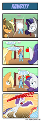 Size: 660x1914 | Tagged: safe, artist:reikomuffin, applejack, rainbow dash, rarity, earth pony, pegasus, pony, unicorn, g4, 4 panel comic, 4koma, camera flashes, claws, comic, pounce, rawr, this will not end well