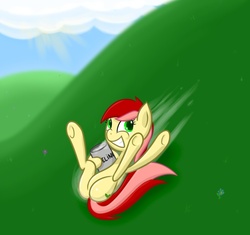 Size: 791x742 | Tagged: safe, artist:w300, roseluck, earth pony, pony, g4, cover myself in vaseline and pretend i'm a slug, female, flower, grin, hill, roseslug, smiling, solo, underhoof, vaseline