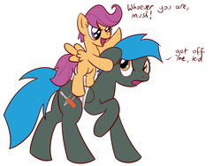 Size: 900x675 | Tagged: safe, artist:whatsapokemon, scootaloo, oc, oc:jade shine, g4, duo, riding