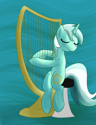 Size: 767x1000 | Tagged: safe, artist:whatsapokemon, lyra heartstrings, pony, g4, abstract background, eyes closed, female, harp, musical instrument, sitting, smiling, solo, stool