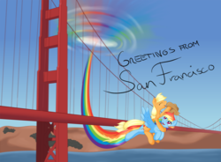 Size: 1291x952 | Tagged: safe, artist:ratofdrawn, applejack, rainbow dash, g4, duo, female, golden gate bridge, lesbian, san francisco, ship:appledash, shipping