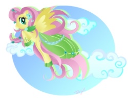 Size: 567x454 | Tagged: safe, artist:kawaii-desudesu, fluttershy, pony, g4, clothes, cloud, cloudy, dress, female, gala dress, partial background, solo