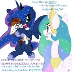 Size: 900x900 | Tagged: safe, artist:gavalanche, pipsqueak, princess celestia, princess luna, alicorn, earth pony, pony, g4, colt, dialogue, female, foal, male, ship:lunapip, shipping, shipping denied, simple background, straight, transparent background