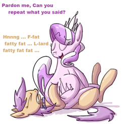 Size: 929x917 | Tagged: safe, artist:secretgoombaman12345, diamond tiara, scootaloo, earth pony, pony, g4, collar, eyes closed, fat, female, filly, larger female, lesboloo, physique difference, sitting on person, sitting on pony, size difference, smaller female, smug, thin