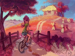 Size: 3448x2586 | Tagged: safe, artist:holivi, angel bunny, fluttershy, human, rabbit, g4, animal, bicycle, cottagecore, fence, hay bale, high res, humanized, tree