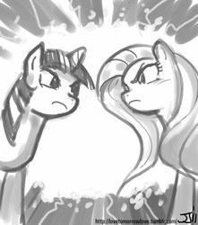 Size: 882x1000 | Tagged: safe, artist:johnjoseco, fluttershy, twilight sparkle, pegasus, pony, unicorn, g4, duo, female, frown, grayscale, looking at each other, looking at someone, low angle, mare, monochrome, stare, unicorn twilight