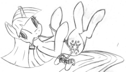 Size: 1000x574 | Tagged: safe, artist:tg-0, twilight sparkle, pony, unicorn, g4, behaving like a cat, cable, controller, grayscale, lineart, lying down, monochrome, mouth hold, on back, simple background, traditional art, twilight cat, unicorn twilight, white background