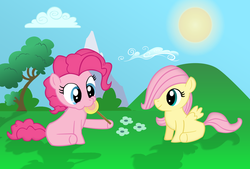 Size: 2000x1348 | Tagged: safe, artist:theirishbronyx, fluttershy, pinkie pie, earth pony, pegasus, pony, g4, duo, female, filly, filly fluttershy, filly pinkie pie, flower, hill, lollipop, sun, younger