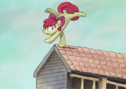 Size: 3481x2461 | Tagged: safe, artist:hewison, apple bloom, earth pony, pony, g4, balancing, female, flexible, high res, roof, solo, this will end in tears