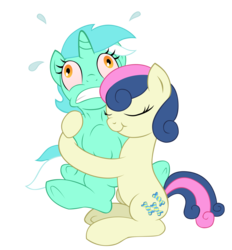 Size: 2648x2856 | Tagged: safe, artist:shadawg, bon bon, lyra heartstrings, sweetie drops, earth pony, pony, unicorn, g4, duo, female, high res, hug, lesbian, ship:lyrabon, shipping, simple background, squeezing, transparent background